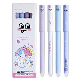 KUMSODE Pack of 4 Erasable Gel Pens with Heat Sensitive Ink, 0.5 mm Tip, Unicorn Pattern, Party Gifts for Children, Birthday Gifts, Blue Refill