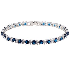 RIZILIA Round Simulated Blue Sapphire and White Cubic Zirconia 18K White gold Plated Tennis Bracelet, 7"