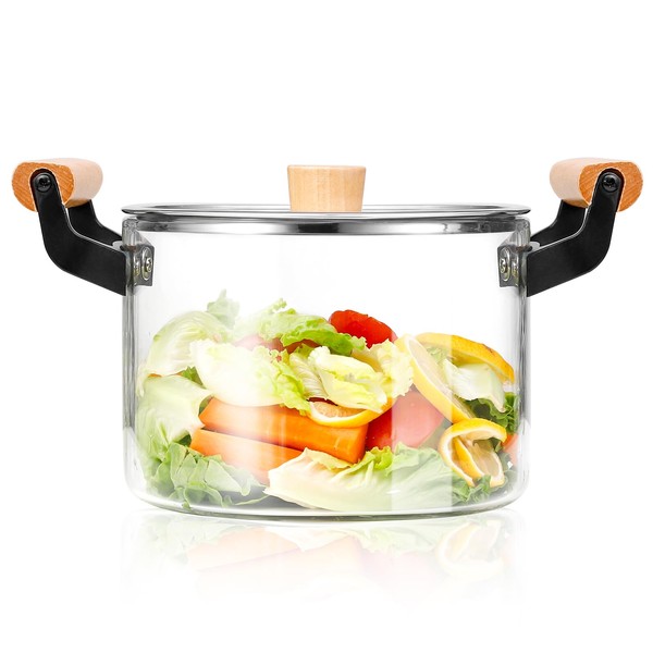 3.5 Qt Clear Glass Pot for Cooking on Stove, Big Glass Cooking Pot with Wooden Handle, Large Glass Simmer Pot for Stove Potpourri, Glass Frying Pot with Clear Lid for Boiling Pot by Nidhdsda