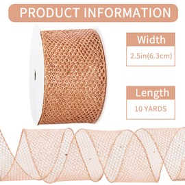 RIBBOOO Rose Gold Glitter Web Mesh Wired Ribbon, 2.5 Inch 10 Yards Metallic Sparkling Fabric Ribbon for Wreath Bow Making, Gift Wrapping, Wedding, Christmas Tree Decoration