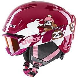 uvex Heyya Set - Ski Helmet Including Ski Goggles for Children - Individual Size Adjustment - Contrast Enhancing - Berry - White Sloth - 46-50 cm