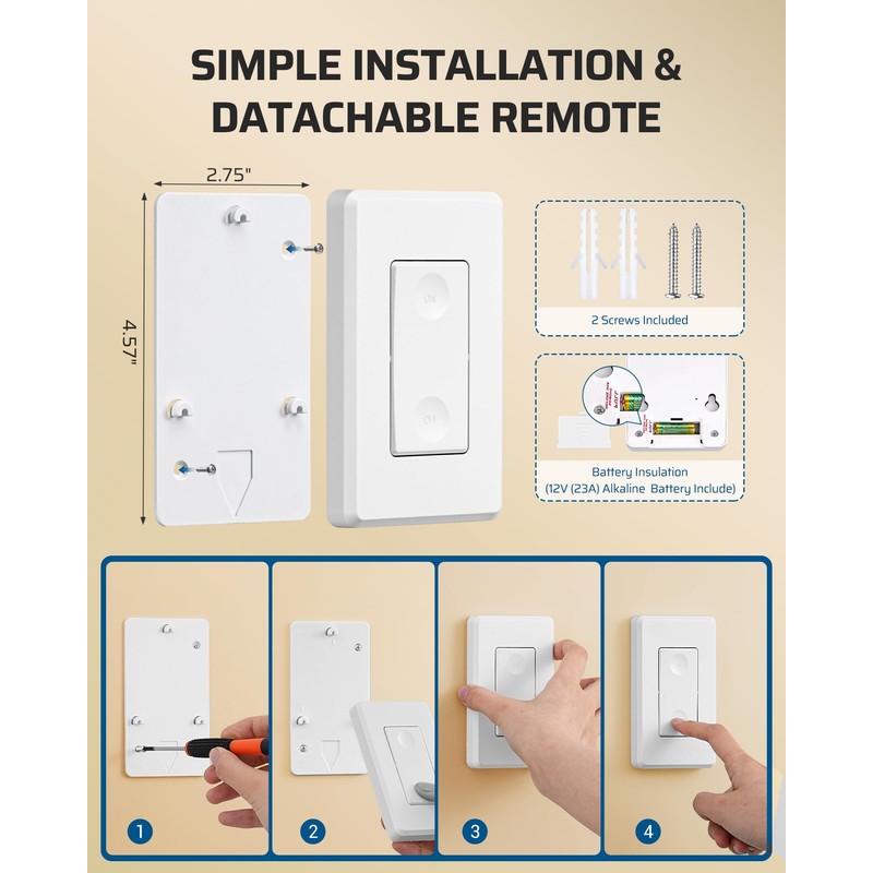 DEWENWILS Wireless Light Switch Kit - No Wiring, 10A/1000W, 100