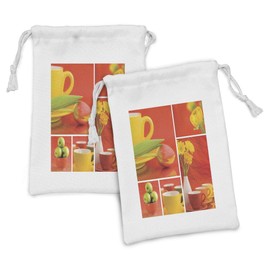 Ambesonne Coffee Fabric Pouch Set of 2, Tea with Coffee Cups Composition in Warm Colors Flowers Tulips and Apples, Small Drawstring Bag for Toiletries Masks and Favors, 9" x 6", Red Yellow Green