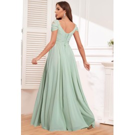 Fu Jiang Dusty Blue Bridesmaid Dresses for Wedding with Slit Off The Shoulder Ruched A Line Long Evening Formal Gowns Size 2