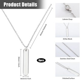 CHGCRAFT 6PCS Stainless Steel Necklace 3D Blank Bars Rectangle Bar Engraving Blanks Charm Necklace Engravable Rectangle Pendants with Chain Blank Bar Pendants for Necklace Jewelry Keychain Making