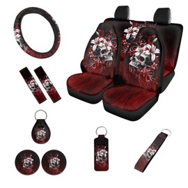 Jndtueit 12Pcs Skull Lily Flower Red Car Seat Covers Full Set with Automotive Heavy Duty Seat Cover Car Seat Belt Cushion Shoulder Pad Lipstick Organizer Case Auto Coaster for Car Decoration
