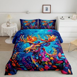 Feelyou Moose Bedding Set Twin Size Deer Hunting Comforter Set for Kids Boys Girls Decor Antlers Wild Animal Colorful Flower Comforter Rustic Lodge Cabin Duvet Set