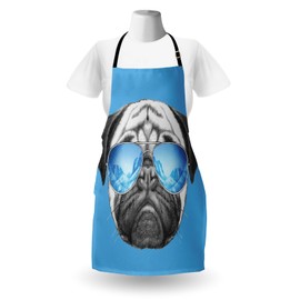 Ambesonne Pug Apron, Dog Portrait Mirror Sunglasses Hand Drawn Illustration of Pet Animal Funny, Unisex Kitchen Bib with Adjustable Neck for Cooking Gardening, Adult Size, Black Pearl Blue