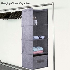 Nikou Hanging Closet Organizer with 4 Shelves, Hanging Shelves for Closet with Removable Drawers, Clothes Clothing Storage Holder for Bedroom Dorm (Gray)