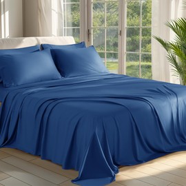 Shilucheng 100% Viscose Derived from Bamboo_ Sheets Cal King Size 6pcs - Ultra Cooling & Silky Soft Bed Sheets, 16" Deep Pocket, Perfect for Hot Sleepers, Hotel Bedding Sheets (Navy Blue)