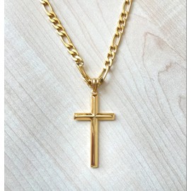 ADORATO JEWELRY 24K Gold Figaro Chain Style Cross Pendant Necklace 5mm Cross Necklace Clasp for Men, Husband Thin for Charms Miami Cuban Link Diamond Cut Religious Beveled Edge (22)