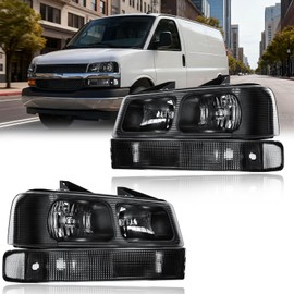 DimFlux Headlight Assembly Compatible with 2003-2014 Chevy Express/SAVANA 1500, Fit 2003-2023 Express 2500 3500/2009-2022 Express 4500 4Pcs Headlamp Replacement Black Housing Clear Reflector
