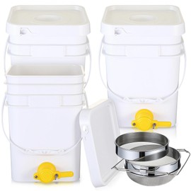 Baderke 3 Pack 5 Gallon Honey Bucket Plastic with Spout Bottling Valve and Stainless Steel Double Layer Strainer, Honey Extractor Equipment Beekeeping Harvesting Tool Beekeeping Supplies
