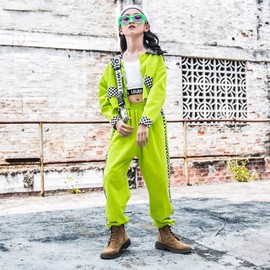 Girls 3PCS Checkered Crop Blouser White Tank Joggers Pants Sets Dance Outfits (8-10 Green)