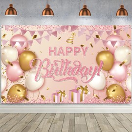 Happy Birthday Banner Decorations, Rose Gold Party Backdrop Banner Party Background Decor Photography Poster for Kids Men Women Birthday Supplies 110x180cm (Rose Gold)