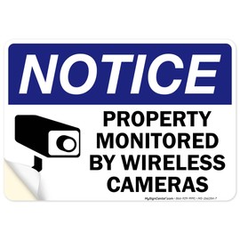 Property Monitored By Wireless Cameras Sign, 10x7 Inches, 4 Mil Vinyl Decal Stickers Weather Resistant, Made in USA by My Sign Center