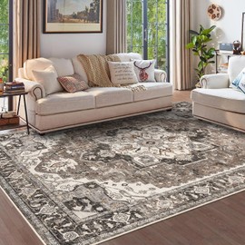 Washable Living Room Area Rug - 9x12 Large Bedroom Rug Distressed Oriental Non-Slip Non-Shedding Print Floor Carpet for Dining Room Kitchen（Beige, 9 x 12）