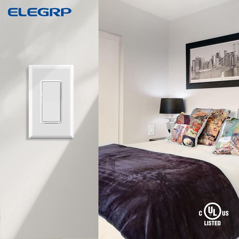 ELEGRP Single Pole Decors Light Switch with Screwless Plate, 15A