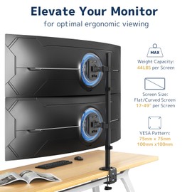 STANDOPIA Heavy-Duty Dual Vertical Monitor Arm with 32.2" Extended Pole - Supports Two 49" Ultrawide Screens, Swivel/Tilt/Rotation, 44 lbs per Screen (Black)