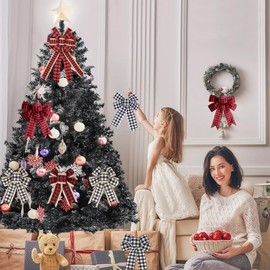 4 Rolls 12 Yard Christmas Wired Edge Ribbon Checked Buffalo Plaid Ribbons Wrapping Ribbon for Christmas Tree Wreath Craft Decoration (Red and Balck)