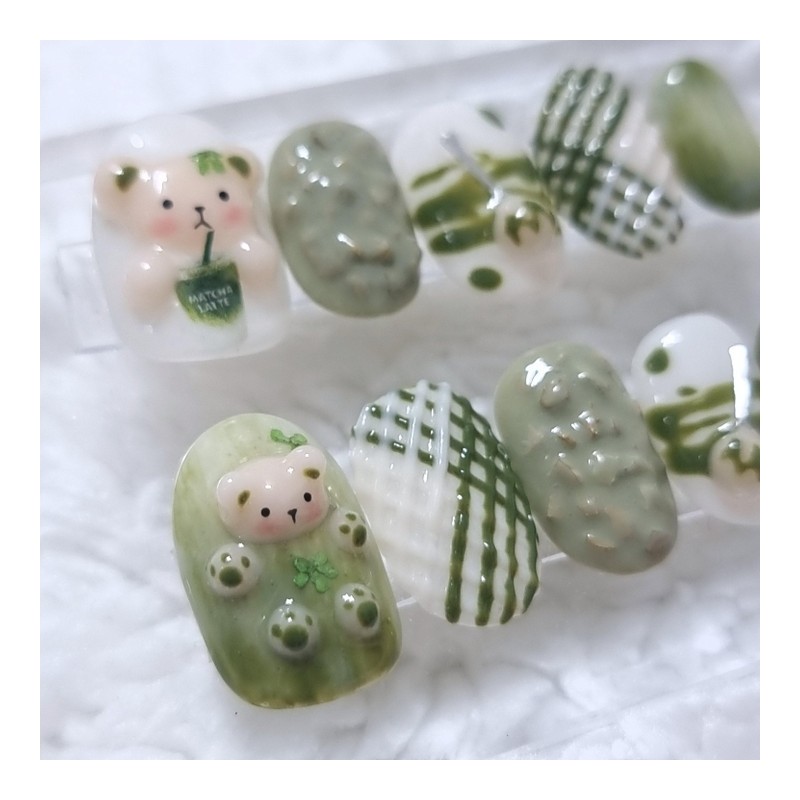 Matchanilla Bear Handmade Nail Tips - Petit Square / 말차닐라