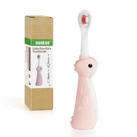 haakaa - Cepillo de dientes de dinosaurio para niños de 2 a 4 años, cerdas suaves con mango de silicona, agarre antideslizante y limpiador de lengua, sin BPA, entrenamiento divertido para niños