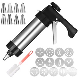 Cookie Press Gun Kit,Stainless Steel Cookie Press for Baking Maker Gun with 13 Discs,8 Piping Tips and Cleaning Brush for DIY Cakes,Dessert