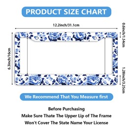 Blue Floral License Plate Frame Peony Flowers Vintage Porcelain Personalise Stainless Steel Metal Car Plates Funny License Plate Frames Decorative for Men Women 12.2"x6.2"