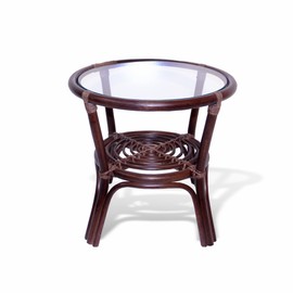 Leo Rattan Wicker Round Accent Coffee Table with Glass, Dark Brown