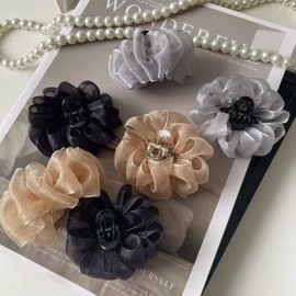 Elegant Volume Ruffled Mesh Cloud Half-Up Ponytail Claw Clip Upstyle Deep Ink Black 10ea