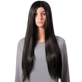 Onedor 30 Inches Long Straight Black Synthetic Hair Women Full Head Cosplay Wig with Wig Cap (1B - Off Black)