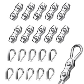 Pack of 10 Rope Clamps 3 mm and 10 Thimbles, Rope Clamp, Wire Rope Clamp 3 mm, Wire Rope Clamps, Stainless Steel Wire Rope Clamp for Steel Rope, Washing Line, Awning Fixed
