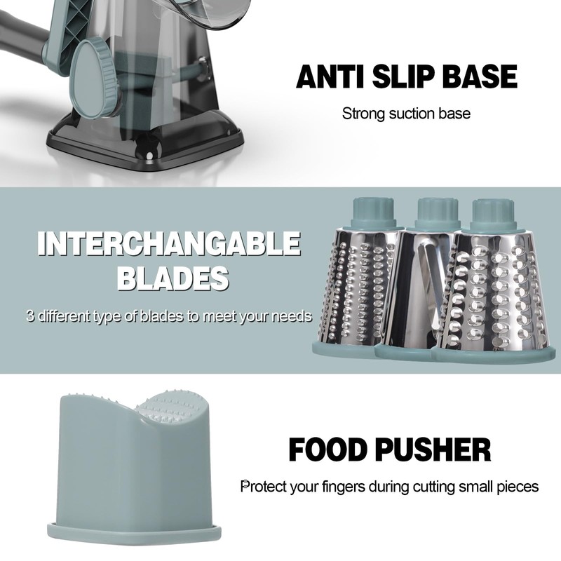 Cheese Grater Cheese Shredder with 3 Interchangeable Blades, Rotary Cheese