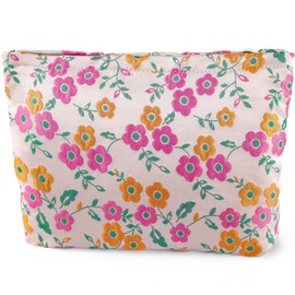 URSKYTOUS Daisy Flower Makeup Bag Travel Large Floral Cosmetic Bag for Women Cute Makeup Pouch Zipper Aesthetic Portable Toiletry Bags Skincare Organizer Bag Cosmetic Pouch for Purse(Orange and Pink)