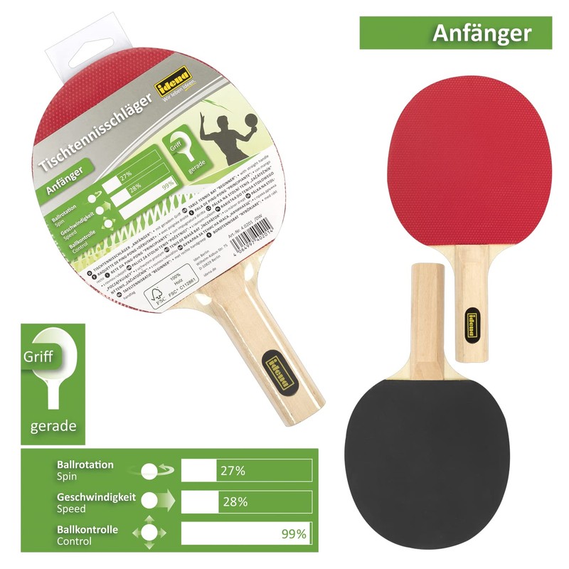 Idena 40201 Beginners Table Tennis Bat with Straight Wooden Handle,