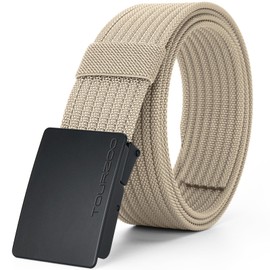 TOURZOO Nylon Military Tactical Belts for Men 1.5" No Holes Adjustable Webbing Canvas Belt for Hiking, Casual & Outdoor（Beige，38"-41" Waist Adjustable）