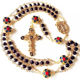 elegantmedical handmade Ladder to Heaven Garnet Beads Catholic Rosary crucifix Necklace box (gold)