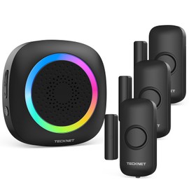 TECKNET Wireless Door Open Sensor Alarm Chime, 1000ft Operating Range 60 Chimes Volume with Mute Mode Led Indicators 1 Plug-in Receiver and 3 Magnetic Door Alarm Sensor for Home Store Security-Black