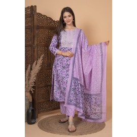 Meera Fab Women's Cotton Printed Purple Printed Straight Embroidery Kurta With Palazzo & Dupatta Set XX-Large Lavender
