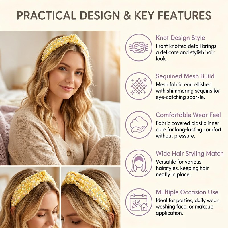 Yellow Glitter Knotted Headband,Women Fashion Sequin Wide Hair Band