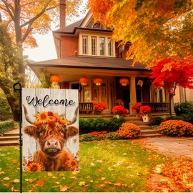 Dacawin Welcome Fall Garden Flag Highland Cow Sunflower Yard Flag Double Sided Vertical 12x18 Inch Thanksgiving Pumpkin Floral Garden Flags Rustic Autumn Harvest Daisy House Banner for Seasonal