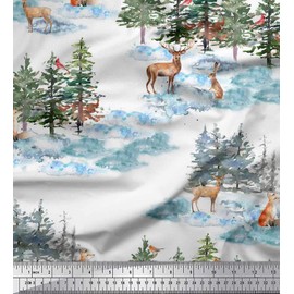 Soimoi White Velvet Fabric Animals & Pine Tree Print Fabric by The Yard 58 Inch Wide