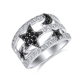 Bling Jewelry Celestial Star and Moon Statement Ring Black White Pave Cubic Zirconia CZ Split Band Rhodium Plated Brass