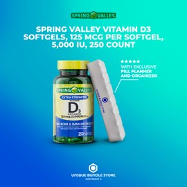 Spring Valley, Vitamin D3 Softgels, Vitamin D3 5000 IU, 250 Count + 7 Day Pill Organizer Included (Pack of 1)