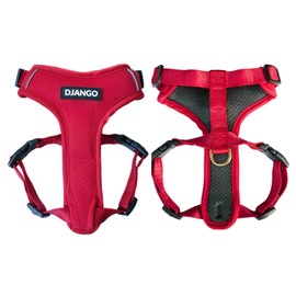 DJANGO Adventure Dog Harness – Comfortable, Durable, and Reflective Neoprene Dog Harness for Outdoor Adventures and Everyday Wear – Adjustable Design with Solid Brass Hardware (Small, Crimson Red)