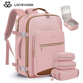LOVEVOOK Fall Travel Backpack for Women & Men as Personal Item Flight Approved, Large Capacity Carry on Backpack for Airplanes with 3 Packing Cubes and Laptop Compartment, Waterproof WeekenderBag for Hiking, Overnight:_Pink-Brown_40L