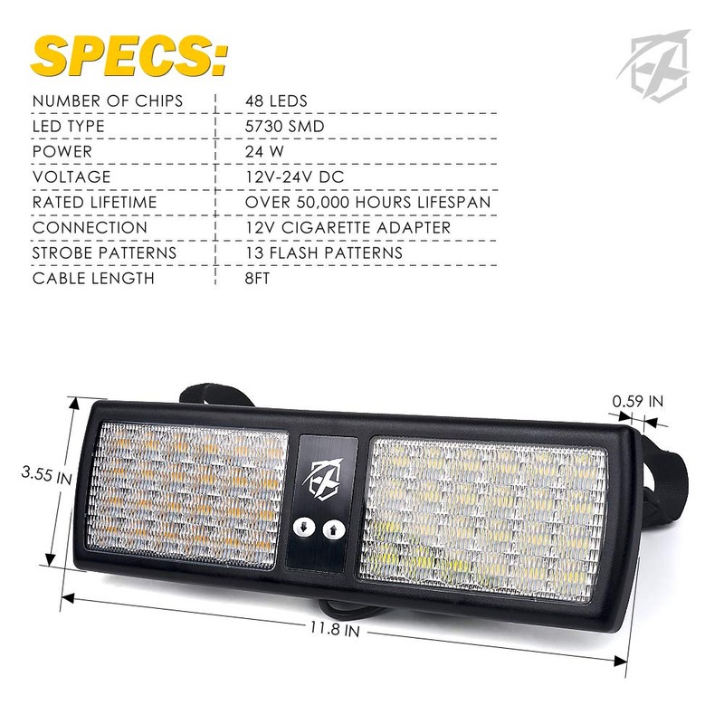 Xprite White Amber 48LED Visor Strobe Flashing Lights Interior Windshield