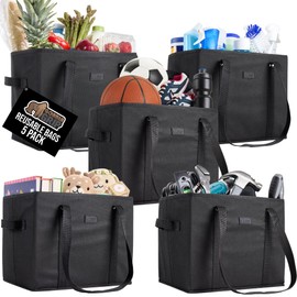 GORILLA GRIP Heavy Duty Foldable Reusable Grocery Bags, 5 Pack, Tear Resistant Box Shape Shopping Tote with Reinforced Handles, Grip Feet, Easily Carry and Transport Groceries, 13x10x11, Black