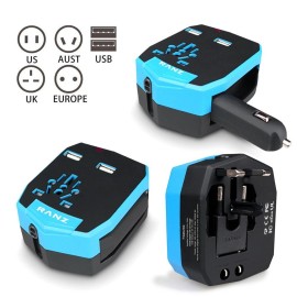 Universal Worldwide International All-in-One Travel adapter with Car Charger - Blue