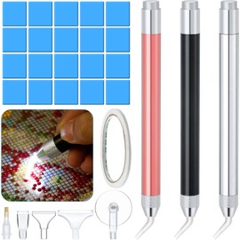 Pack of 3 LED Diamond Painting Drill Pen Point Drill Pen with 5 Pieces Replacement Pen Head 20 Pieces Painter Glue Clay Aluminium Alloy 5D Diamond Painting Accessories Tool for DIY Painting